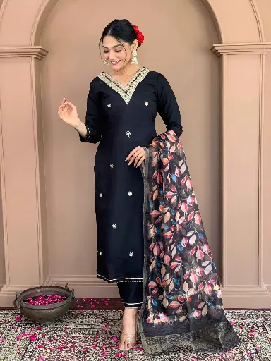 Embroidered Straight Kurta with Rayon Pant And viscose Jacquard  Dupatta.
