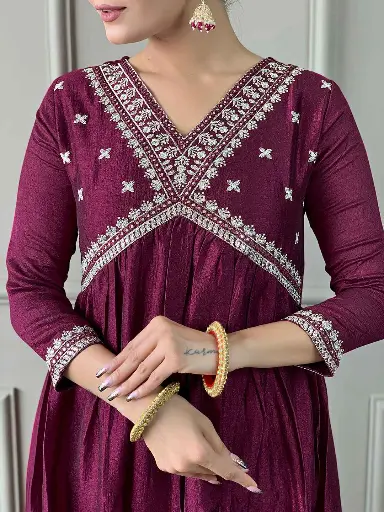  Vichitra Silk Embroidered Flared Kurta with Viscose Silk Pant & Chinon Embroidered Laced Dupatta.
