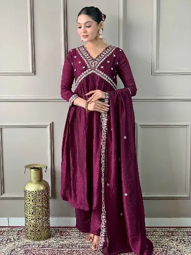  Vichitra Silk Embroidered Flared Kurta with Viscose Silk Pant & Chinon Embroidered Laced Dupatta.