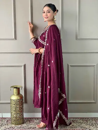  Vichitra Silk Embroidered Flared Kurta with Viscose Silk Pant & Chinon Embroidered Laced Dupatta.