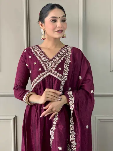  Vichitra Silk Embroidered Flared Kurta with Viscose Silk Pant & Chinon Embroidered Laced Dupatta.