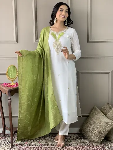 Embroidered Straight Kurta with Viscose Pant & Jacquard   Dupatta.