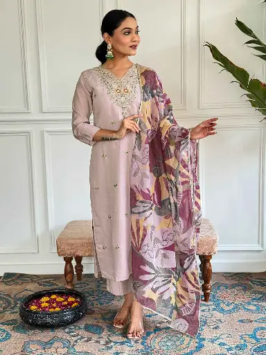 Chanderi with Cotton Lining Embroidered Straight Kurta with Chanderi Pant And Taby Printed Dupatta Sets
