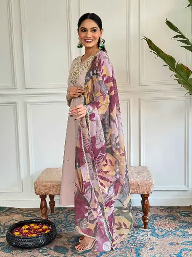 Chanderi with Cotton Lining Embroidered Straight Kurta with Chanderi Pant And Taby Printed Dupatta Sets