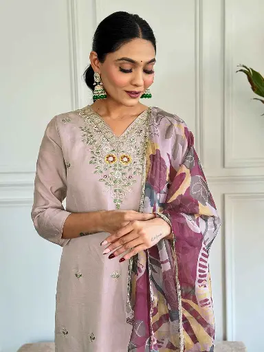 Chanderi with Cotton Lining Embroidered Straight Kurta with Chanderi Pant And Taby Printed Dupatta Sets