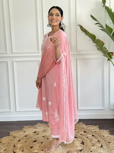 Pure Cotton Embroidered Lakhnavi Work Kurta with Pant & Laced Dupatta.