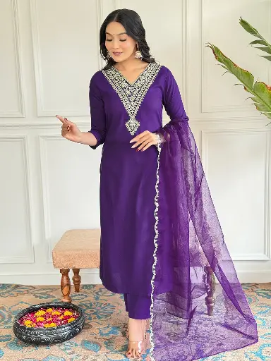Embroidered Kurta with Rayon Slub Pant & Organza Laced Dupatta.