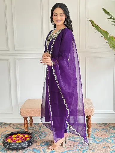 Embroidered Kurta with Rayon Slub Pant & Organza Laced Dupatta.