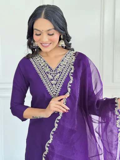 Embroidered Kurta with Rayon Slub Pant & Organza Laced Dupatta.