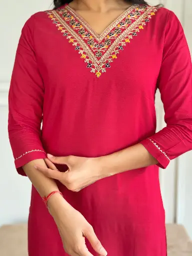 Embroidered Straight Kurta with Rayon Pant & Silk Printed Dupatta.