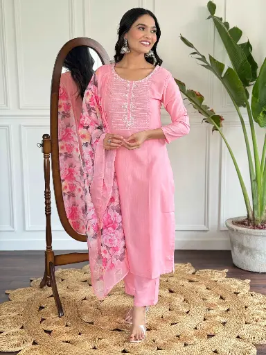 Embroidered Straight Kurta with Rayon Slub Pant And Silk Printed Dupatta Sets