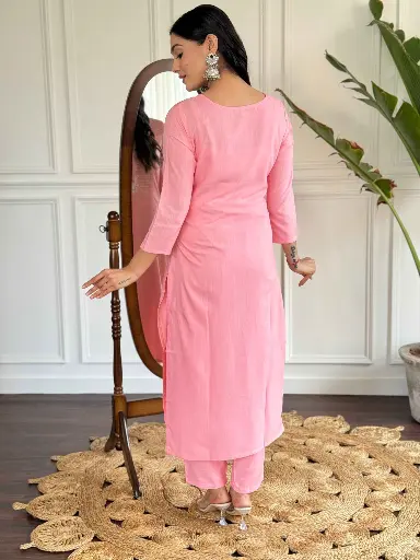 Embroidered Straight Kurta with Rayon Slub Pant And Silk Printed Dupatta Sets