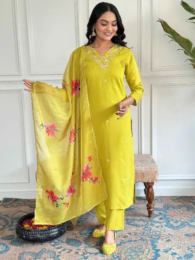 Rayon Slub Embroidered Straight Kurta with Pant And Pure Organza Printed Dupatta Sets 