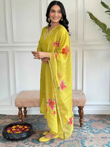 Rayon Slub Embroidered Straight Kurta with Pant And Pure Organza Printed Dupatta Sets 