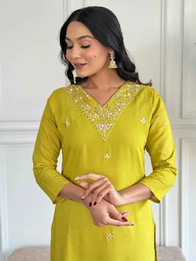 Rayon Slub Embroidered Straight Kurta with Pant And Pure Organza Printed Dupatta Sets 