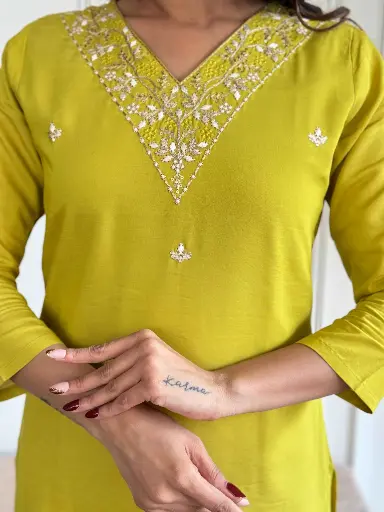 Rayon Slub Embroidered Straight Kurta with Pant And Pure Organza Printed Dupatta Sets 