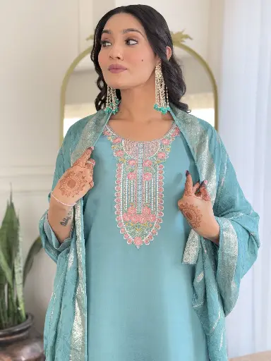 Chanderi Embroidered Straight Kurta with Pant And Viscose Jacquard Printed Dupatta Sets