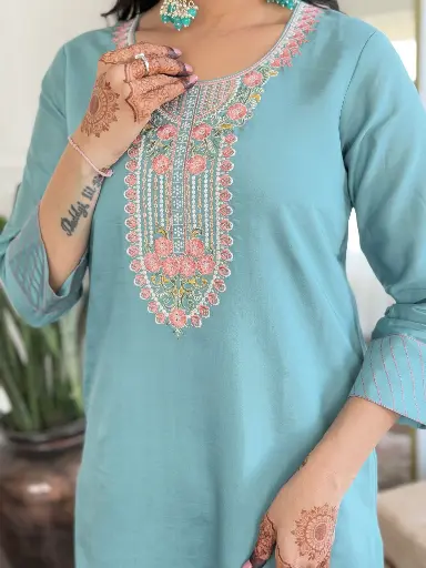 Chanderi Embroidered Straight Kurta with Pant And Viscose Jacquard Printed Dupatta Sets