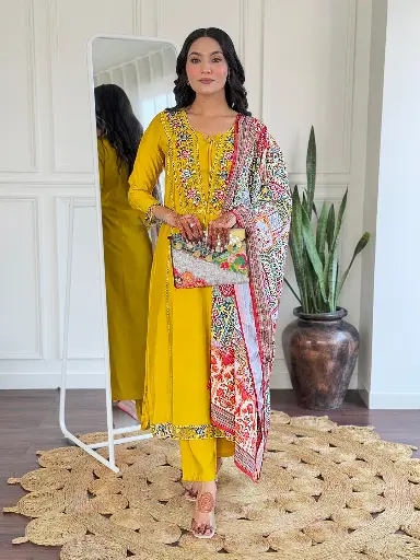 Viscose Embroidered Straight Kurta with Pant And Art Silk Printed Dupatta Sets.