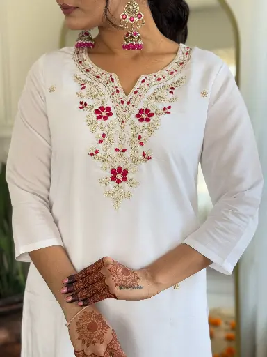 Viscose Embroidered Straight Kurta with Pant And Silk Blend Laced Dupatta Sets,