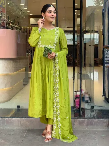 Chinon with Cotton Lining Embroidered Flared Kurta with Rayon Pant And Chinon Embroidered Dupatta Sets