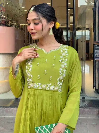 Chinon with Cotton Lining Embroidered Flared Kurta with Rayon Pant And Chinon Embroidered Dupatta Sets