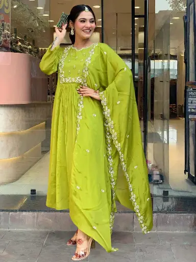 Chinon with Cotton Lining Embroidered Flared Kurta with Rayon Pant And Chinon Embroidered Dupatta Sets