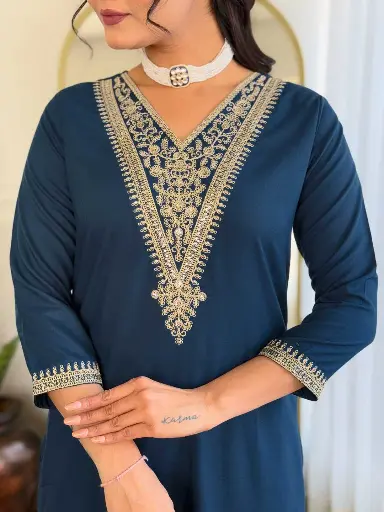 Women's Petrol Rayon Embroidered Straight Kurta with Rayon Pant And Silk Chiffon Laced Dupatta Sets.
