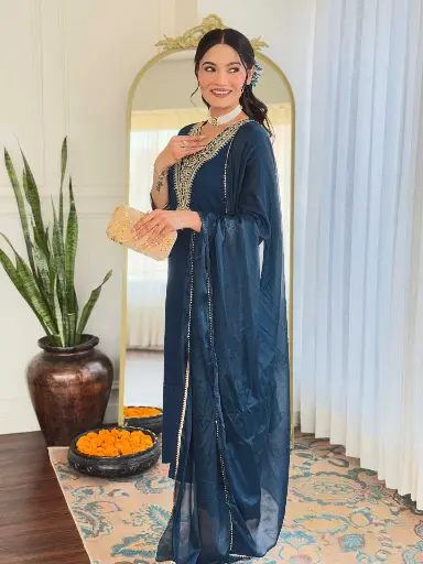 Women's Petrol Rayon Embroidered Straight Kurta with Rayon Pant And Silk Chiffon Laced Dupatta Sets.