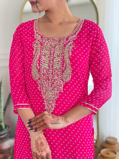 Women's Vichitra Silk with Cotton Lining Embroidered and Printed Straight Kurta with Rayon Pant And Taby Laced Dupatta Sets 