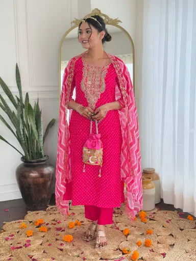 Women's Vichitra Silk with Cotton Lining Embroidered and Printed Straight Kurta with Rayon Pant And Taby Laced Dupatta Sets 