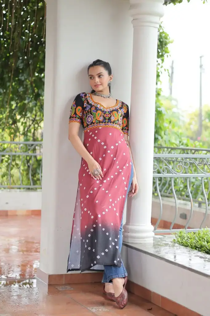 PRINTED RAYON WITH KUTCHI GAMTHI WORK (KURTI)
