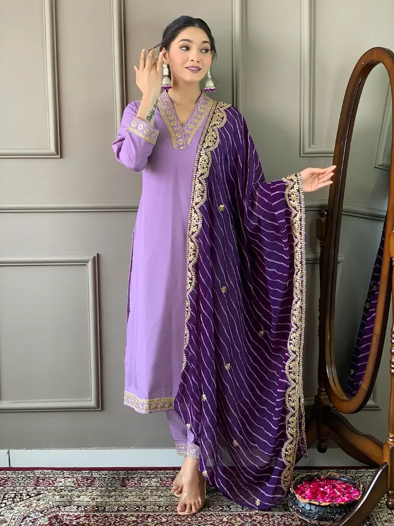 Embroidered Viscose Silk Blend kurta Pant Dupatta set 