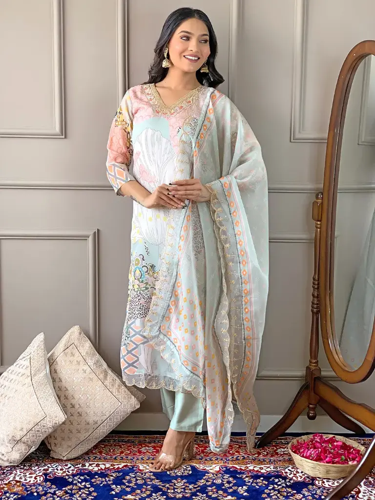 Organza Embroidered Straight Kurta with Rayon Pant And Organza Laced Dupatta Sets 