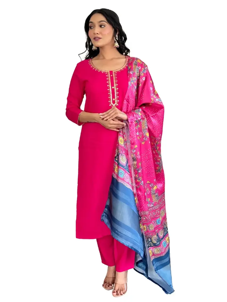 VISCOSE EMBROIDERED KURTA & PANT WITH JACQUARD PRINT DUPATTA