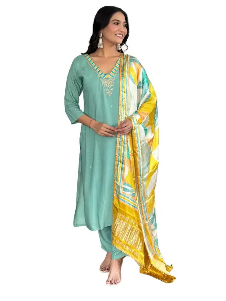 Firoji Viscose Embroidered Straight Kurta with Viscose Pant And Gajii silk Printed Dupatta Sets