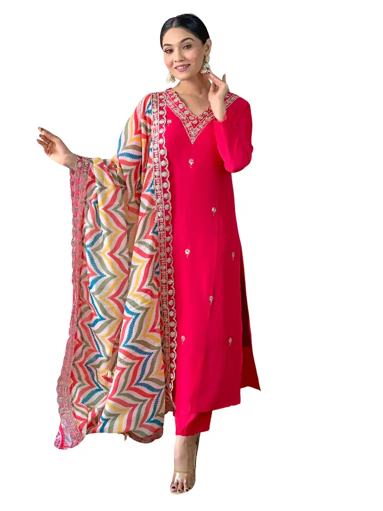 VISCOSE EMBROIDERED KURTA & PANT WITH SILK PRINTED DUPATTA