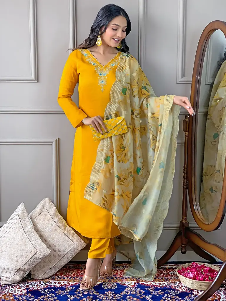 Viscose Embroidered Straight Kurta with Viscose Pant And Chanderi Cotton Printed Dupatta Sets