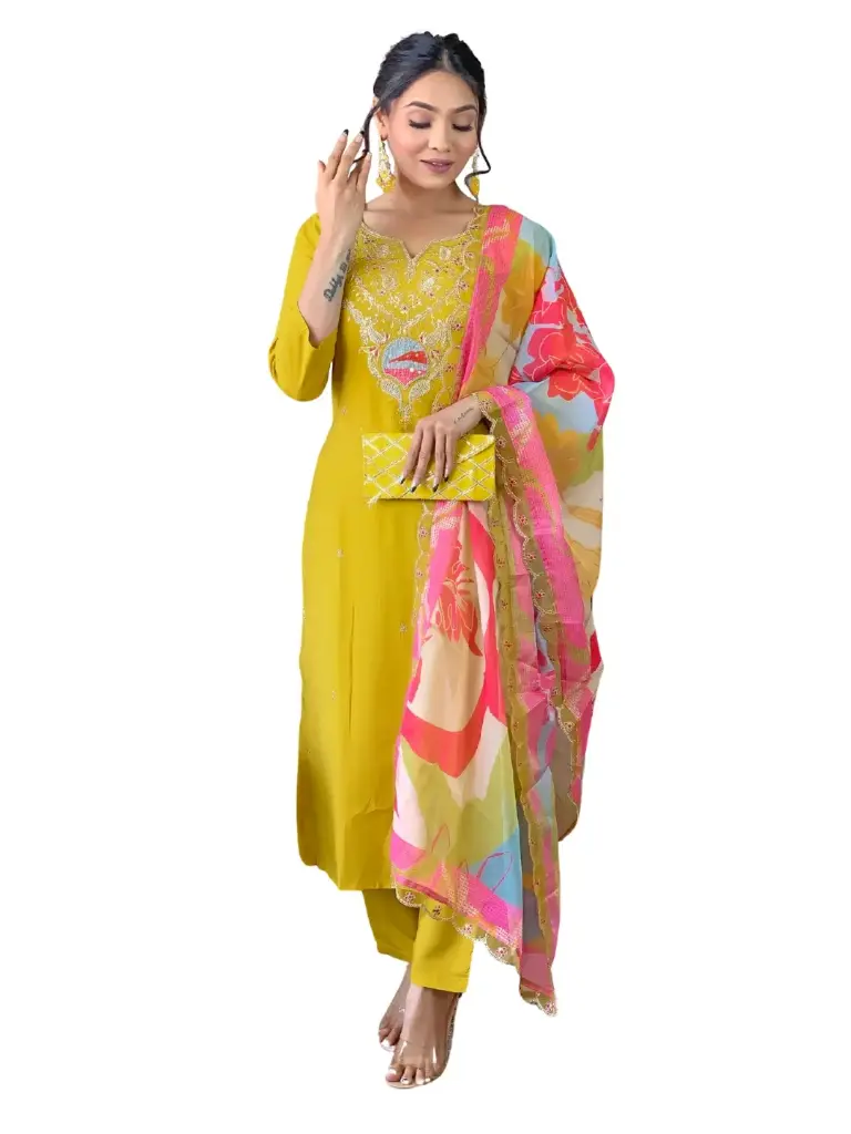 Women Embroidered Viscose kurta pant dupatta set