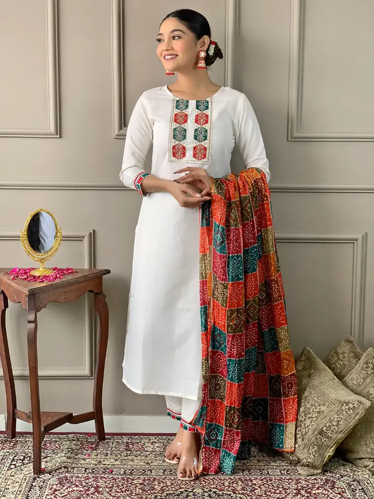 VISCOSE EMBROIDERED KURTA & PANT WITH SILK PRINTED DUPATTA