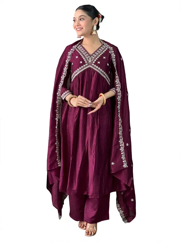  Vichitra Silk Embroidered Flared Kurta with Viscose Silk Pant & Chinon Embroidered Laced Dupatta.