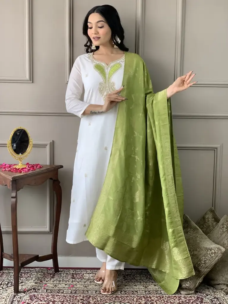 Embroidered Straight Kurta with Viscose Pant & Jacquard   Dupatta.