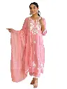 Pure Cotton Embroidered Lakhnavi Work Kurta with Pant & Laced Dupatta.