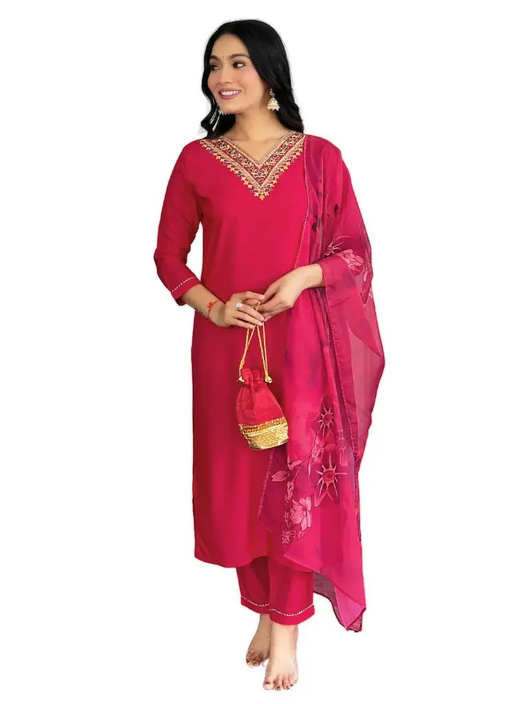 Embroidered Straight Kurta with Rayon Pant & Silk Printed Dupatta.