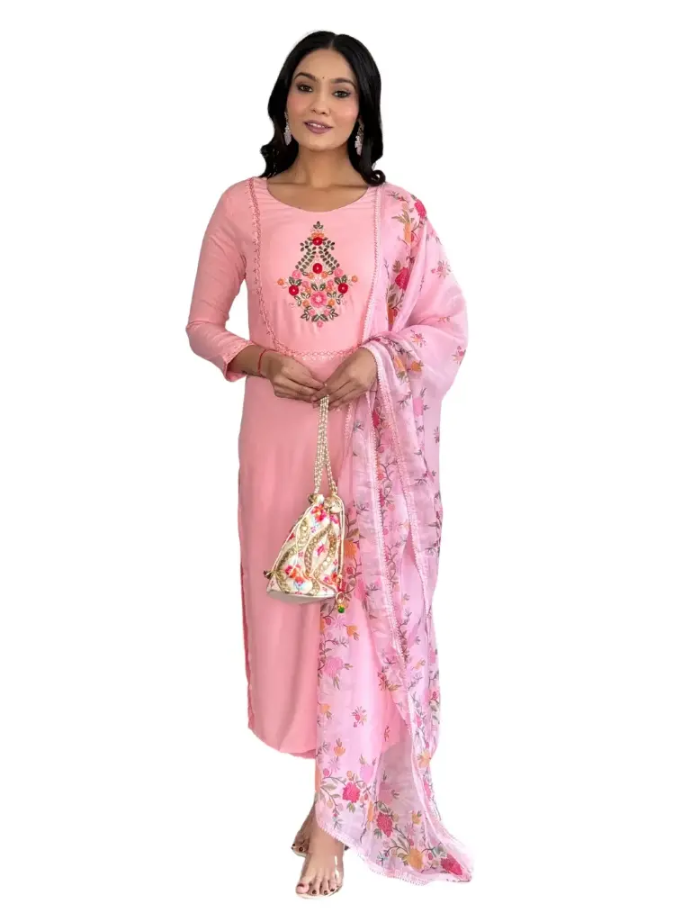 RAYON EMBROIDERED KURTA & PANT WITH SILK PRINTED DUPATTA