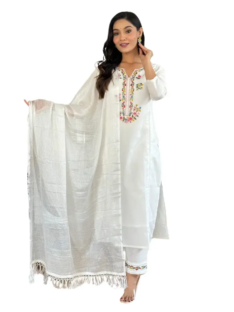 Viscose Embroidered Straight Kurta with Pant & Cotton Laced Dupatta.