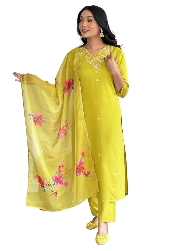 Rayon Slub Embroidered Straight Kurta with Pant And Pure Organza Printed Dupatta Sets 