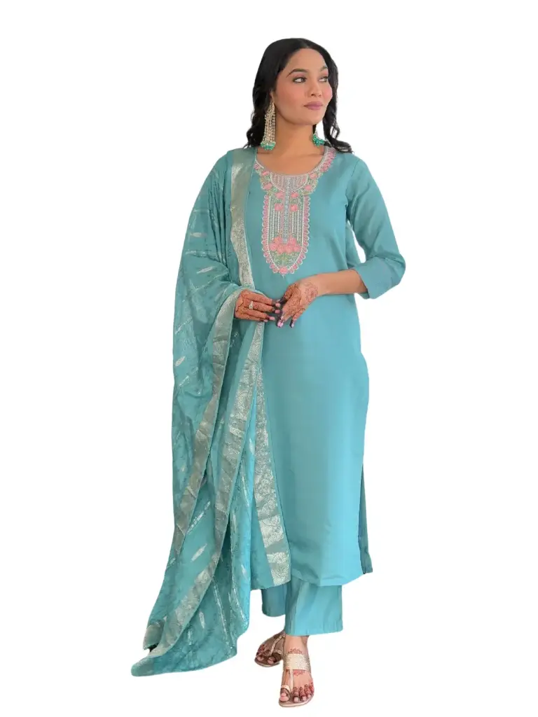 Chanderi Embroidered Straight Kurta with Pant And Viscose Jacquard Printed Dupatta Sets