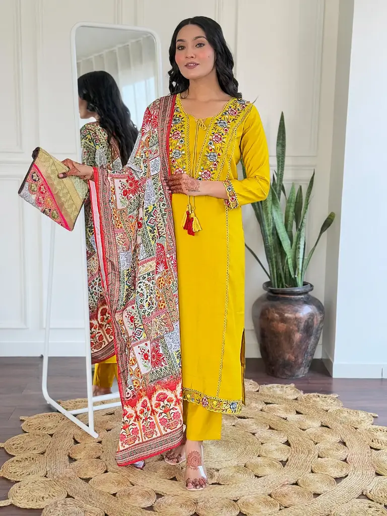 Viscose Embroidered Straight Kurta with Pant And Art Silk Printed Dupatta Sets.