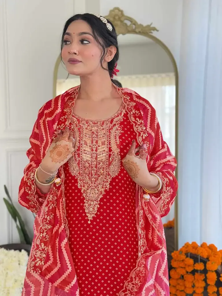 Cotton Lining Embroidered and Printed Straight Kurta with Rayon Pant And Taby Laced Dupatta Sets